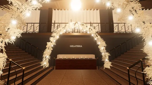 Escadarias com arcos de flores no baile 3D