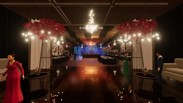 Lounge com árvores vermelhas no baile 3D