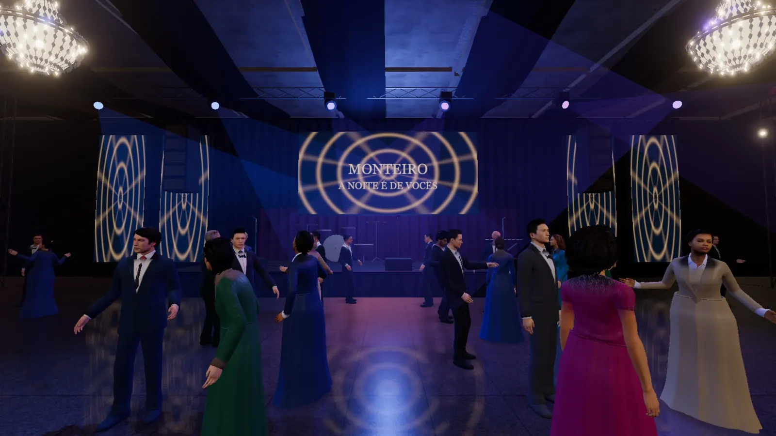Pista e palco de um baile Monteiro no 3D do site, com o telão Monteiro e convidados de gala